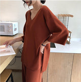Female Sweater Pantsuit For Women Two Piece Set Pullover V-Neck Long Sleeve Bandage Top Wide Leg Pants