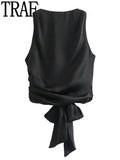 Black Crop Top Women Satin Backless Top Female Y2k Streetwear Sexy Tops Woman Fashion Tied Sleeveless Tank Tops For