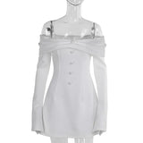 Off-Shoulder Solid Long Sleeve Buttoned Mini Dress-Outfit