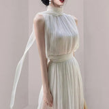 Sexy Design Fashion Summer Chiffon Two Piece Set Women Stand Collar Elegant Sleeveles Shirts + High Waist Pleated Skirt
