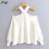 Women Fashion Off Shoulder Black White Color Halter Knitting Sweater Female Chic Long Sleeve Casual Pullovers Tops