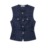 And Beads Coarse Spinning Vest 2025 Spring Temperament Metal Buttonless Sleeveless Round Collar Body Jacket