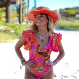 New Print Ruffle One Piece Swimsuit And Cover Ups Women Swimwear Summer Bathing Suit Beachwear Monokini