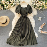 Zingj Retro Solid Color Temperament French Collar Hepburn Style Short-Sleeved Waist Show Thin Pleated Dress Large