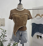 Solid Shooting Denim Splicing Mesh Yarn Short-Sleeved T-Shirt Summer Dress Irregularly Short High-Waist Repair Body Coat