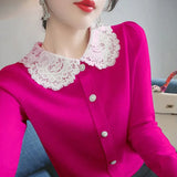 Winter Lace Patchwork Doll Collar Sweet Knitting Cardigan Lady Elegant Fashion All-match Buttons Sweater Top Women
