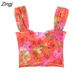 New Women Sexy Floral Print Orange Mesh Smock Blouse Female Corset Style Crop Pullover Shirt Chic Short BlusasTops