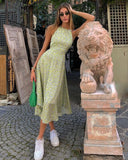 Dress Summer New Asia Garden Floral Neck Halter Lace Slings Strap Sweet Green Print High Waist Sexy Lady Long Skirt