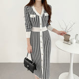 2021 Elegant Lady Vintage Houndstooth Knitting Fashionable Buttons Checkered Long Dresses Women Spring Autumn