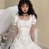 Fashion White Mini Dresses Women French Stitching Wood Ears Lace Cross Lacing Up Short Sleeve Short Dress Holiday