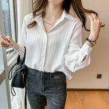 Woman Blouses 2023 Chiffon Long Sleeve Shirt Tops Woman White Blouse Shirts Striped Top Pretty and Cheap Women's