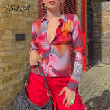 2021 V Neck Long Sleeve T Shirt Women Red Sexy Print Vintage Fashion Autumn Summer Casual Crop Top