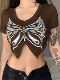 Top Women T Shirt Graphic T Shirts 2022 Skinny Brown Short Sleeve Tees Summer Clothes Streetwear V Neck Black Crop