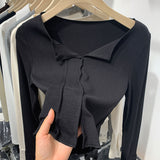 New Spring And Autumn Style Solid Color Semi-Open-Necked Blouse With Split Sleeves And Slimming Short Style With Bottom