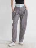 Zingj New Contrast Color Jeans Splicing Casual Pants Half Loose Waist Loose Pleated Show Thin Plaid Harun