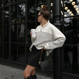 2025 New Women's Simple Fashion Gentle Stripe Collar Half-Open Zipper Knitted Sweater
