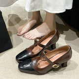 Retro Single Shoes 2025 Spring And Autumn New Women's Shoes Square Head Mary Jane Shoes Fashion Matching Color Matching Buckle High