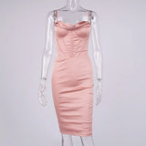 High Quality Satin Spaghetti Strap Bodycon Dress For Women Summer Sleeveless Backless Double Layer Party Club