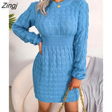 Casual Twist Knit Bottoming Sweater Dress for Autumn Women Dresses 2022 New Solid Waist Long Sleeve Pack Hip Mini