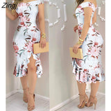 Women Fashion Elegant Sexy Off Shoulder Ruffles Slit Pink Midi Dress Summer Corset Party Floral Bodycon Dress