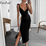V Neck Split Bodycon Sexy Dress Women Black Midi Casual Off Shoulder 2021 Summer Party Club Spaghetti Strap Dress