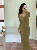Vintage Chain Square Neck Long Sleeves Midi Dresses for Women 2023 Autumn New Sexy Bodycon Evening Party Female