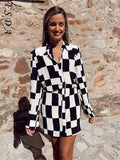 2021 V Neck Plaid Print Mini Bodycon Dress Party Women Elegant Long Sleeve Sexy Autumn Winter Shirt Dresses Casual