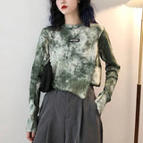 Autumn Round Neck Streetwear Tie Dye Irregular T-shirt Female Long Sleeve Harajuku Y2K Pullovers Top Women Popularity