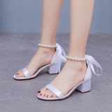 Cm Thick Heel Sandals Shallow Mouth With Sandals Champagne Satin Cloth Bride White Sandals Women Wedding