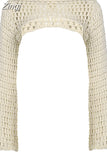 Y2K Vintage Fashion Knit Crochet Smock Top Pullover Flare Sleeve Super-Short Hollow Out Festival Outfits Sweater