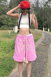 Summer Lace-up Y2K Loose Fit Shorts American Vintage High Street Elastic Waist Fashion Knee Length Short Pant Women