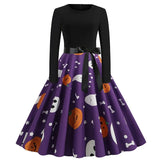 Women Pumpkin Print Party Dress Black Streetwear Gothic Long Sleeve O Neck Vintage Casual Robe Femme Halloween