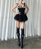 Black Lace Strap Pleated Mini Dress-Outfit
