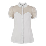 Women Shirt Short Sleeve Lapel Collar Black Buttons Mesh Fabric Patchwork Blouse Party Elegant Ladies Tops Camisas