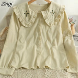 Flowers Embroidery Peter Pan Collar Blouses Women Autumn Japanese Sweet Ruffled Long Sleeve Corduroy Shirt Female