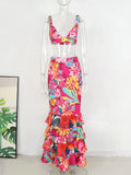 Pieces Summer Dress For Women 2023 Floral Printed Sling Long Dresses Ruffled Slim Vestidos Sleeveless Pink Party Robes