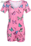 Women Sexy V-Neck Bodycon Bodysuit Casual Printed Button Sleepwear Jumpsuit Shorts Romper Leotard Sexy Ladies Summer Pajamas