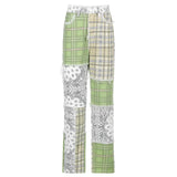 Patchwork Vintage Checkered Jeans Women Print Skinny High Waist Denim Pants Ladies Fashion Frill Trousers