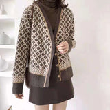 Zingj Autumn Winter Korean Version Of Advanced Retro Temperament Contrast Color Knit Cardigan Female Collar Diamond Thick Loose Coat Sweater-Outfit