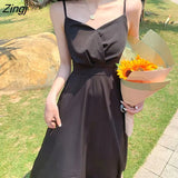 Women Vintage Black High-waist Slim Midi Dress Ladies Elegant Fashion V-neck Sexy Sleeveless Simple Chic Korean