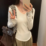 Pleated Waist Bottomed T-Shirt Women's New Hair-Grabbing Multicolor Shoulder Long-Sleeved T-Shirt In Autumn And
