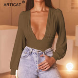 Black Deep V Neck Bodysuit Women Sexy Puff Sleeve Bodycon Jumpsuit Solid Elastic Casual Party Summer Bodysuits Body