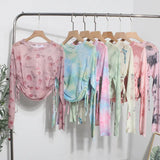 Real Shooting 2024 Summer New Long-Sleeved Short-Sleeved T-Shirt Sun Protection Shirt Thin Perspective Tie-Dye Mesh Hooder