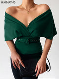 Batwing Sleeve Folds Tops Women Y2K Vintage Deep V Neck With Belt Sexy Korean Fashion Casual Chic Female Shirts