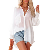 Autumn Streetwear Solid Loose Casual Shirt Female Lantern Long Sleeve Beach Holiday Blouse Button Up All-match Blusa