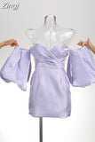 Off Shoulder Puff Sleeves Mini Slim Dress Women V Neck Strapless Lantern Sleeve Mini Dress Celebrity Party Club Satin