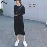Sleeve Dress Women Knitted Autumn Solid Loose Elegant O-neck Korean Style All-match Chic Fashion Vestido Femme Mid Calf