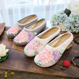 Zingj Single Slippers / Cotton Slippers Linen Peony Embroidered Round Head Flat Cloth Shoes Sandals Embroidered Women's