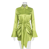 MO Fashion Long Sleeve Bandage Satin Mini Dresses Women's Autumn Turn Down Collar Sexy Party Dress Femme Evening