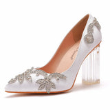 Cm Crystal Transparent Square Tip Single Shoe Bridal Shoes Silk Satin Cloth Diamond Skirt Shoes Wedding